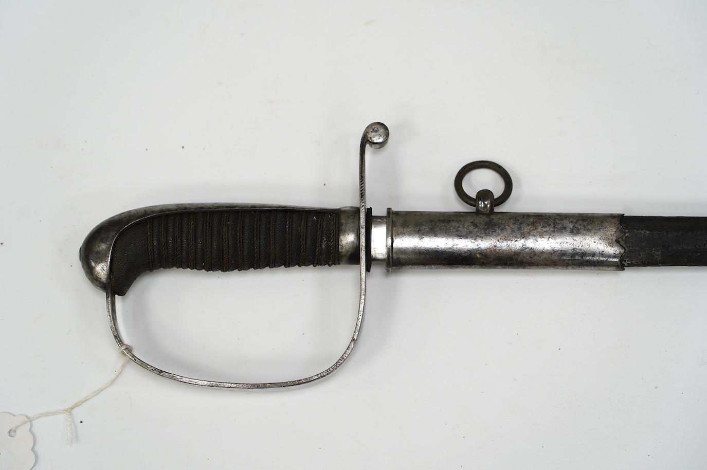 A Dutch police officer’s sword, D-shaped iron guard in its steel mounted leather scabbard, blade 69cm. Condition - fair, heavily cleaned